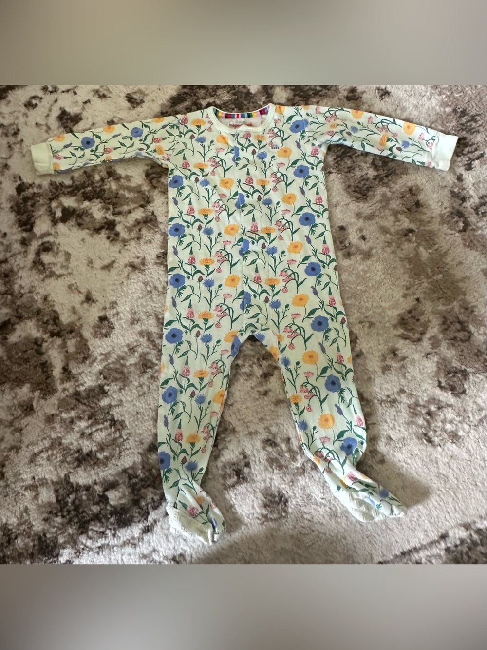 Magnetic Me Floral Footed One-Piece Pajamas - Cream with Blue & Yellow Flowers